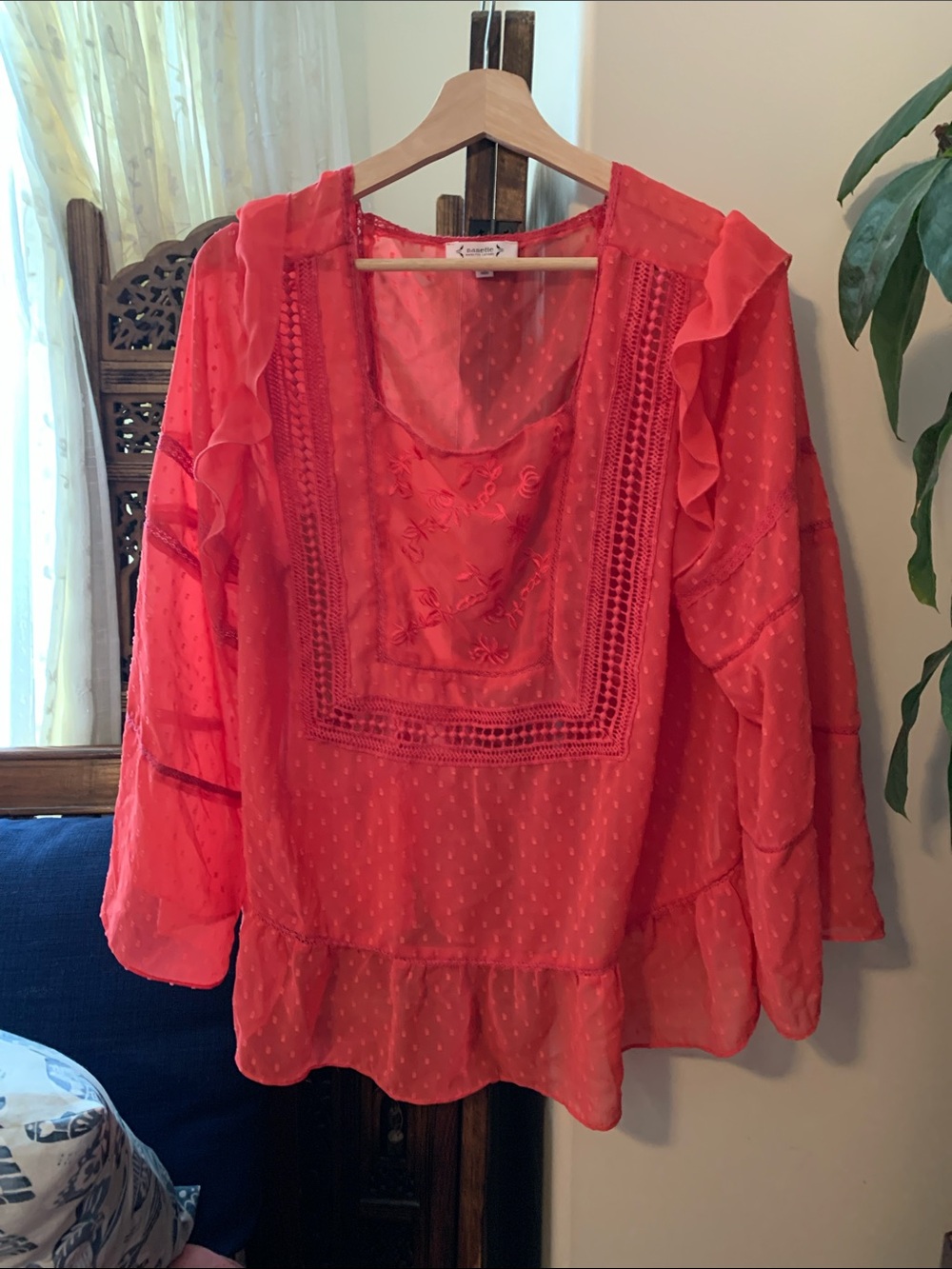 Nanette Lepore Coral Red Ruffled Embroidered Blouse